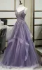 V Neck Semi Formal Dresses Purple Tiered Lace A-line Prom Dress sold by My Chic Dress