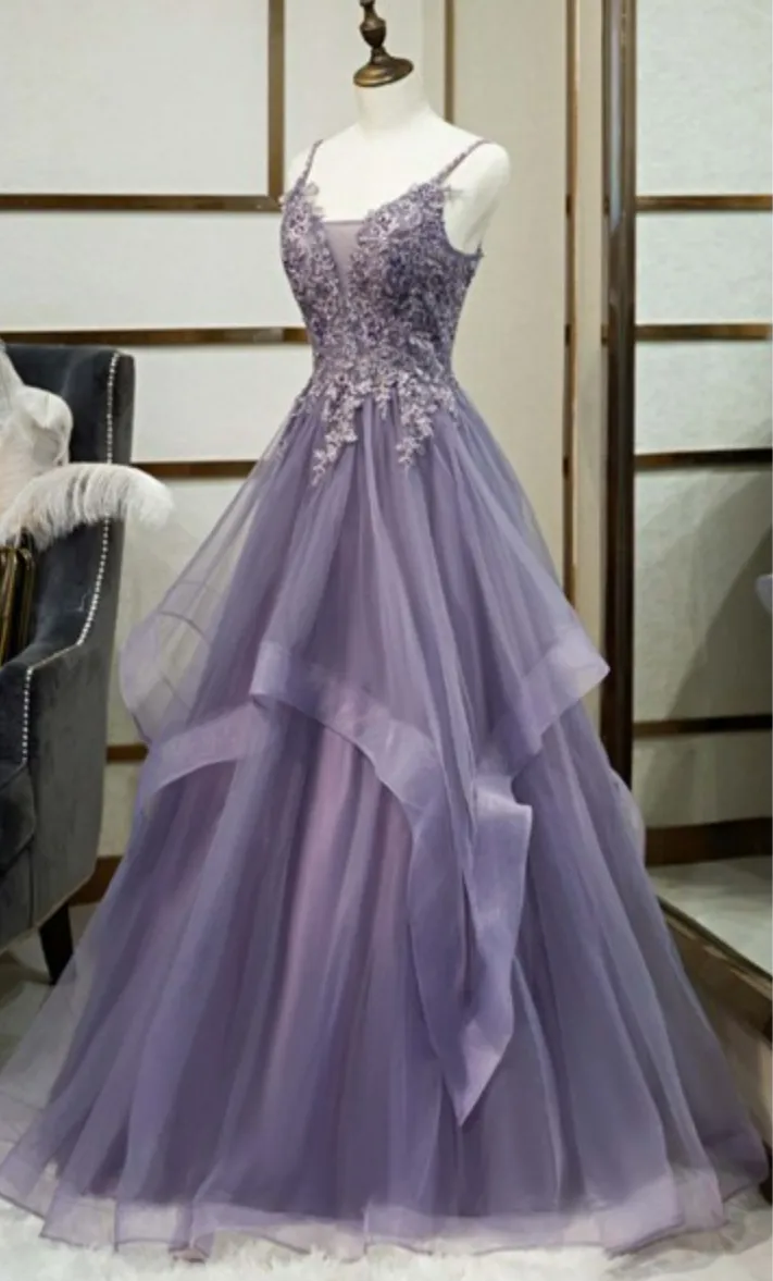 V Neck Semi Formal Dresses Purple Tiered Lace A-line Prom Dress sold by My Chic Dress product image thumbnail 3