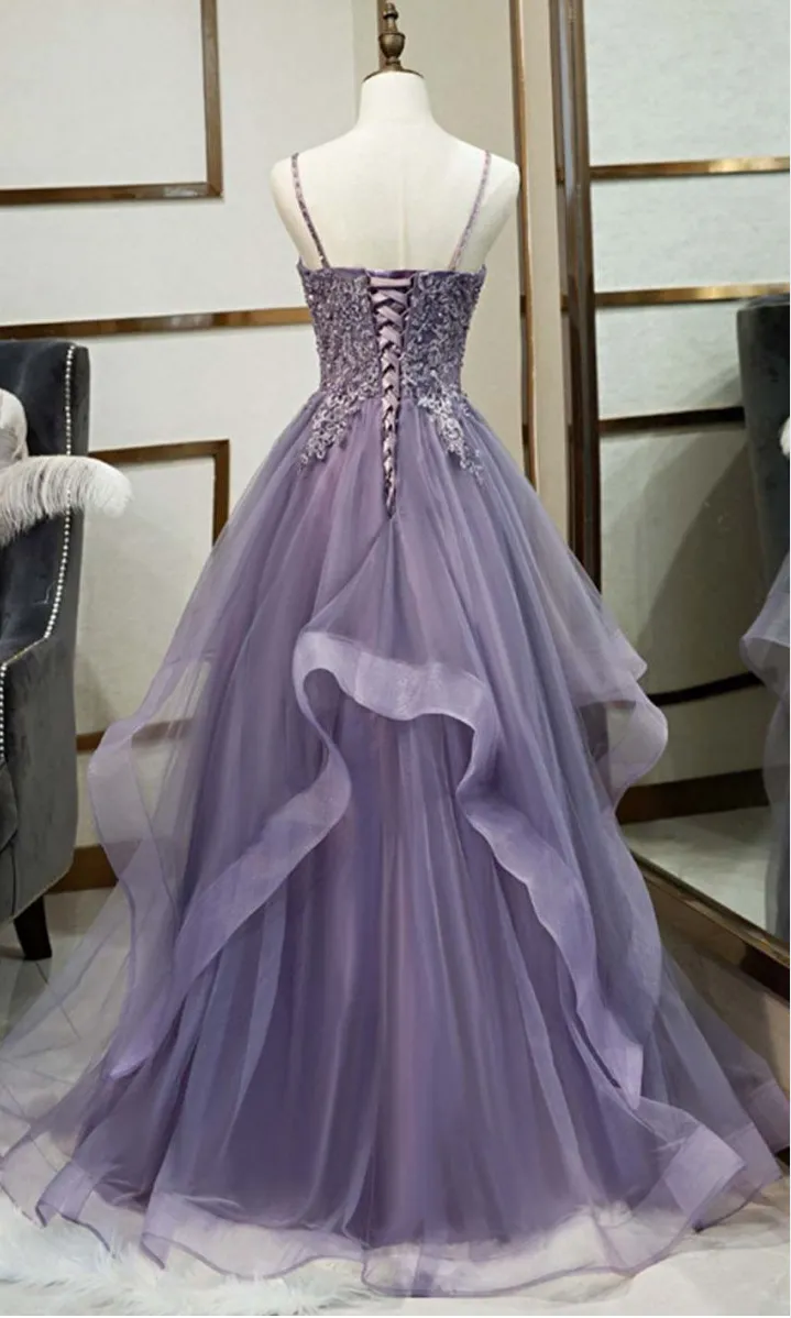 V Neck Semi Formal Dresses Purple Tiered Lace A-line Prom Dress sold by My Chic Dress product image thumbnail 2