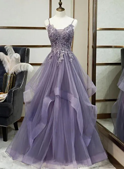 V Neck Semi Formal Dresses Purple Tiered Lace A-line Prom Dress sold by My Chic Dress product image thumbnail 4