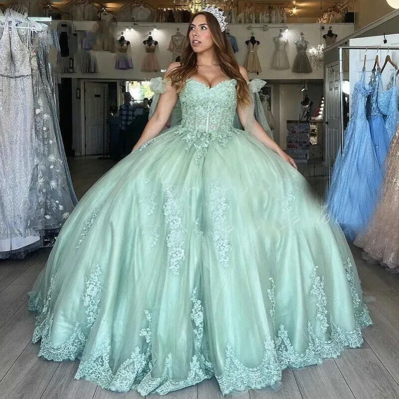 Sweet 16 Dress Mint Lace Quinceanera Dresses Off the Shoulder Ball Gown sold by My Chic Dress
