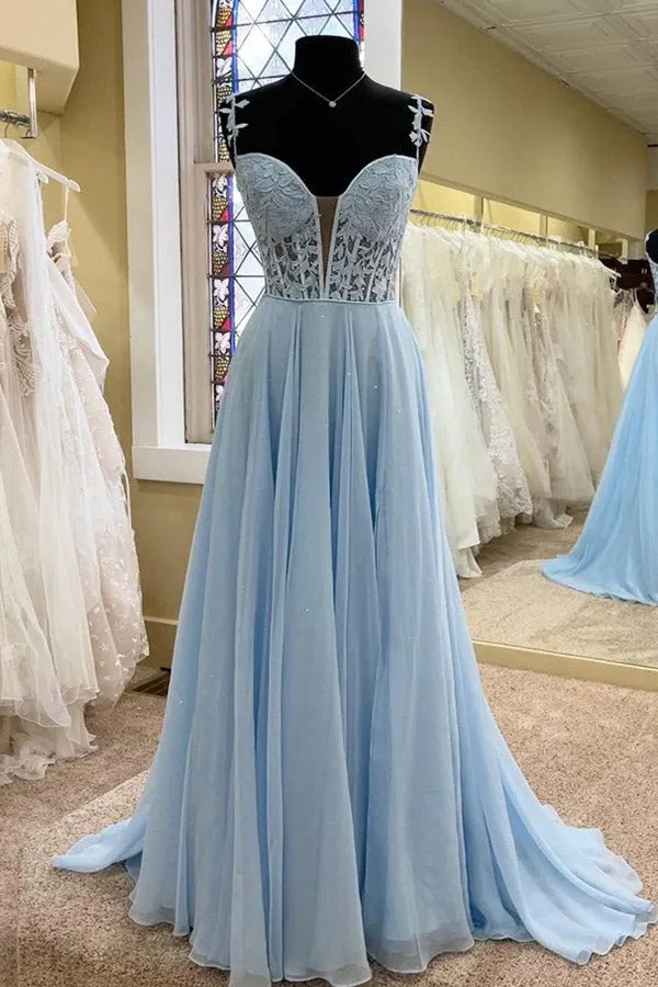 A Line Lace Long Formal Dresses Blue Prom Dress Bodice Beaded sold by My Chic Dress