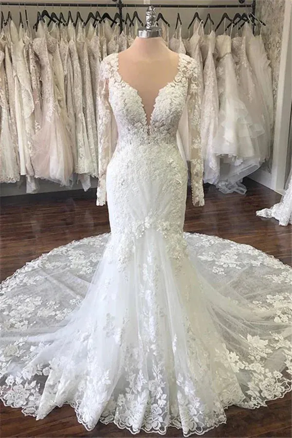 New Long Sleeve Lace Wedding Gown V-neck Mermaid Bridal Dress sold by My Chic Dress