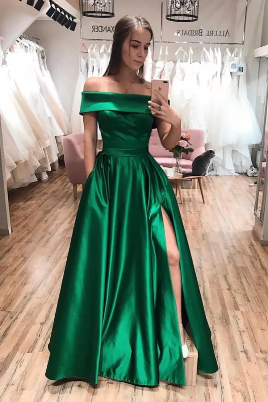 Long Off Shoulder Satin Formal Dress Emerald Green Party Dress Side Slit sold by My Chic Dress
