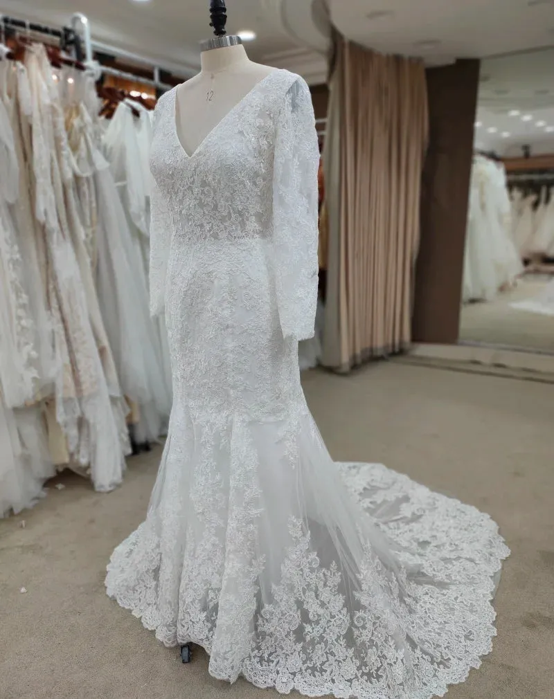 REAL Bohemian Simple Lace Wedding Dress V-Neck Long Sleeve sold by My Chic Dress product image thumbnail 3