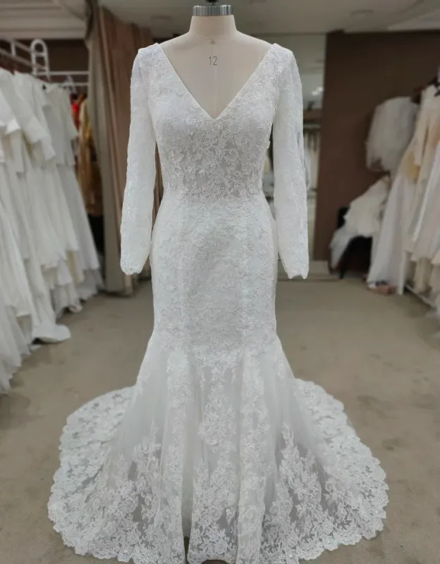 REAL Bohemian Simple Lace Wedding Dress V-Neck Long Sleeve sold by My Chic Dress