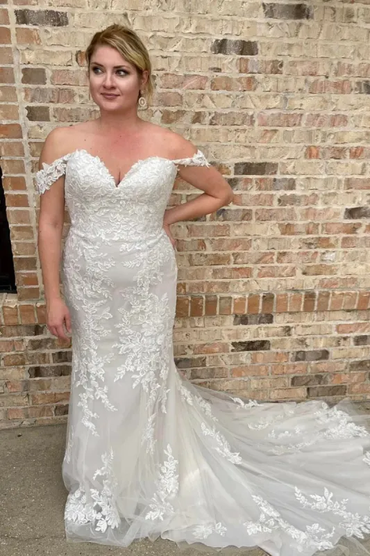 Mermaid White Off-the-Shoulder Wedding Dress Appliques sold by My Chic Dress