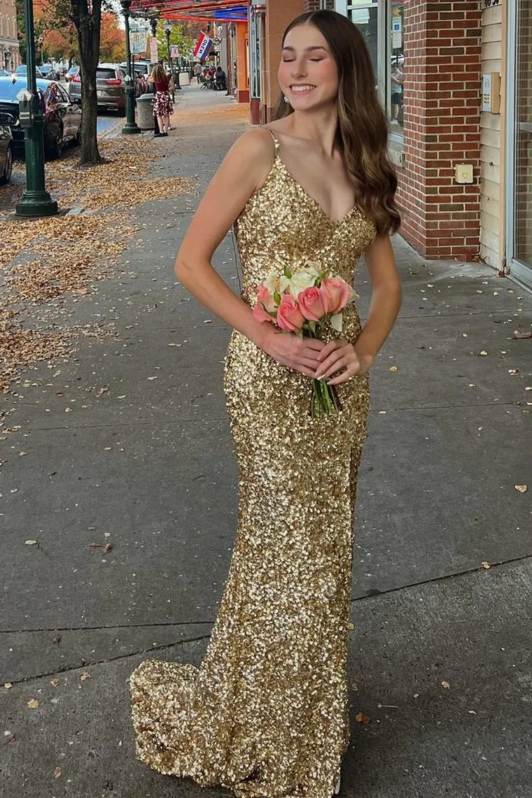 Mermaid Gold Sequin Formal Dress Long V-Neck Grad Dress Backless sold by My Chic Dress