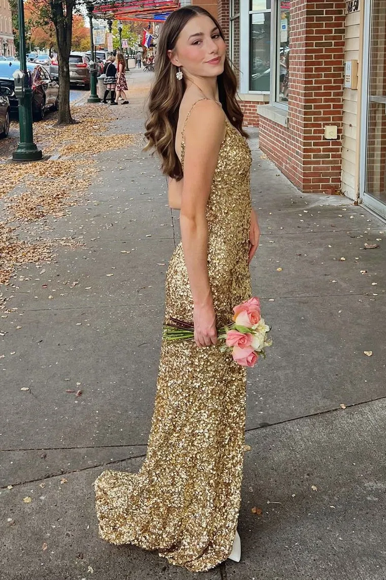 Mermaid Gold Sequin Formal Dress Long V-Neck Grad Dress Backless sold by My Chic Dress product image thumbnail 3