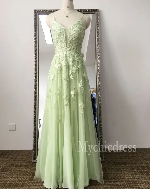 Custom Made Lace Sage Green Long Formal Dresses A Line sold by My Chic Dress