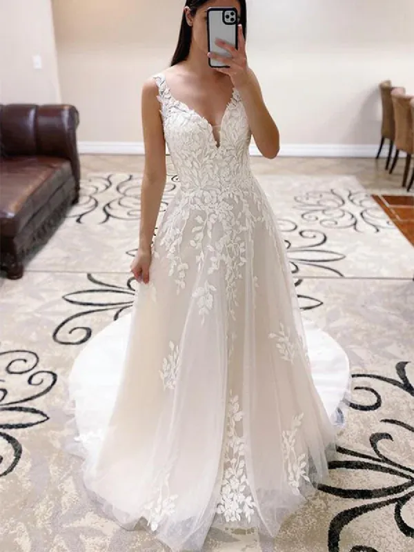 V neck Vintage Lace Wedding Dresses A-line Straps Sweep Train sold by My Chic Dress
