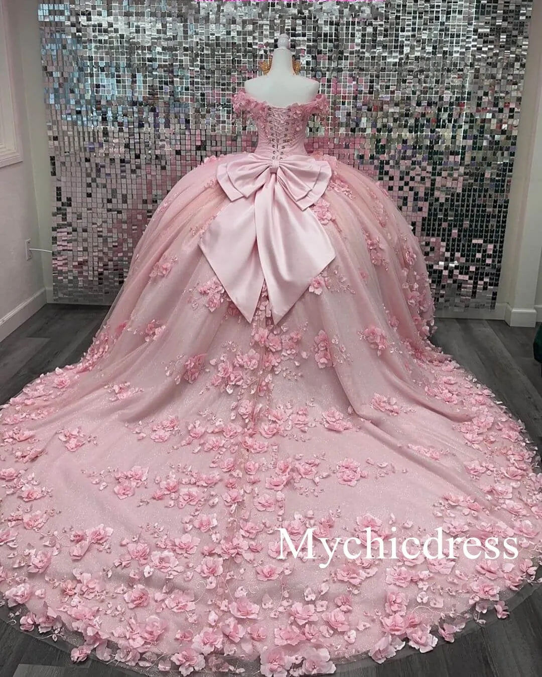 Off Shoulder Corset Pink Quinceanera Dresses 3D Flowers Appliques sold by My Chic Dress product image thumbnail 3