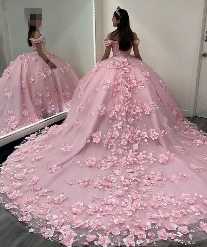 Off Shoulder Corset Pink Quinceanera Dresses 3D Flowers Appliques sold by My Chic Dress product image thumbnail 5