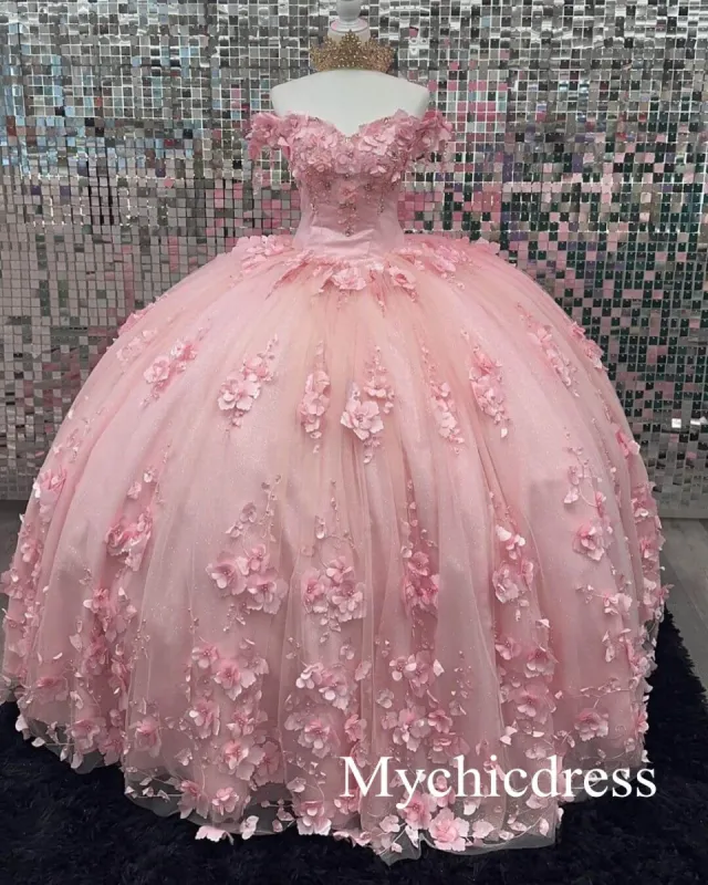 Off Shoulder Corset Pink Quinceanera Dresses 3D Flowers Appliques sold by My Chic Dress