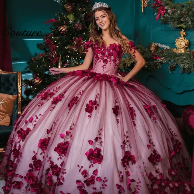Burgundy vestidos de quinceanera 15 16 Dresses 3D floral Birthday Gowns sold by My Chic Dress