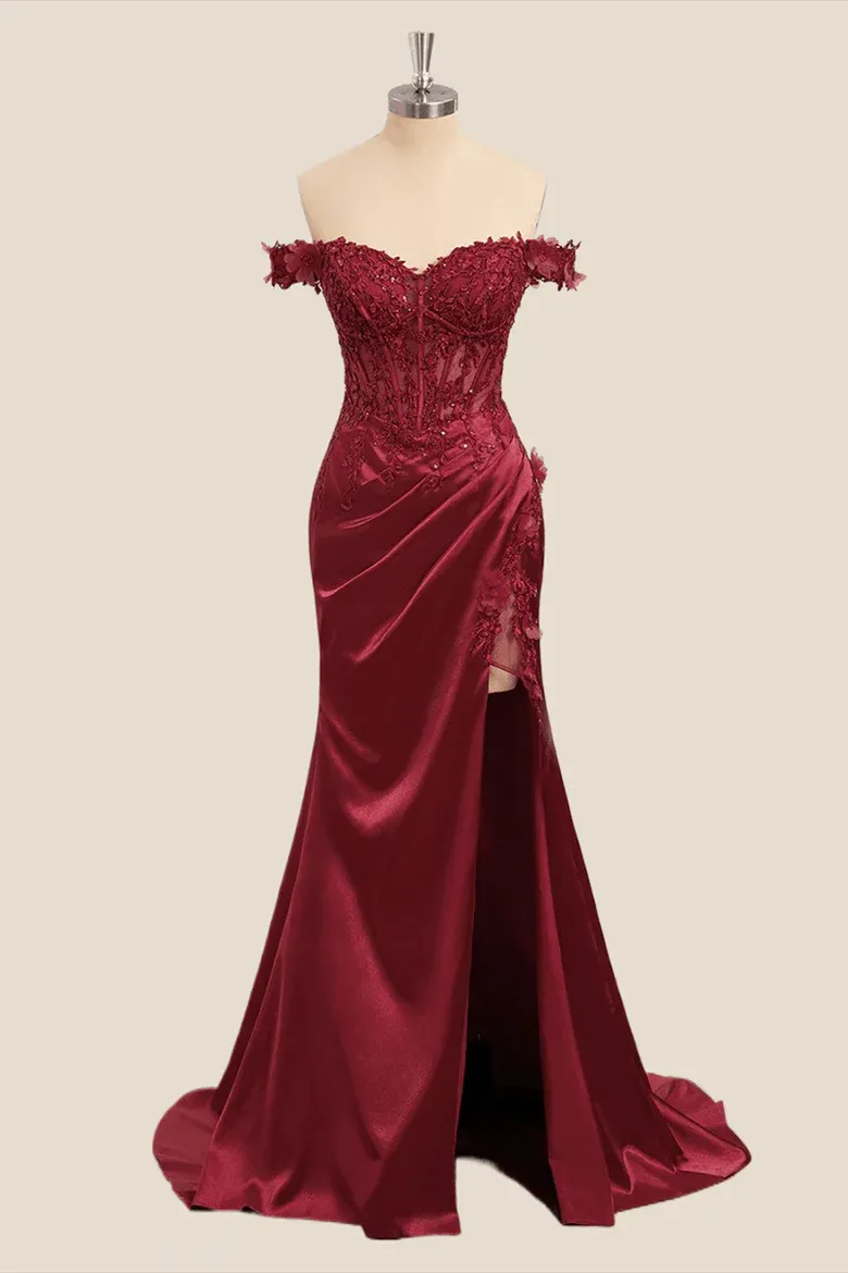 Wine Red Lace Formal Gown Off the Shoulder Breaded Mermaid Dress sold by My Chic Dress