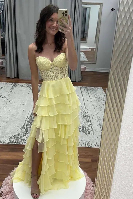 A Line Ruffles Pastel Yellow Tiered Formal Dress Sweetheart Appliques sold by My Chic Dress