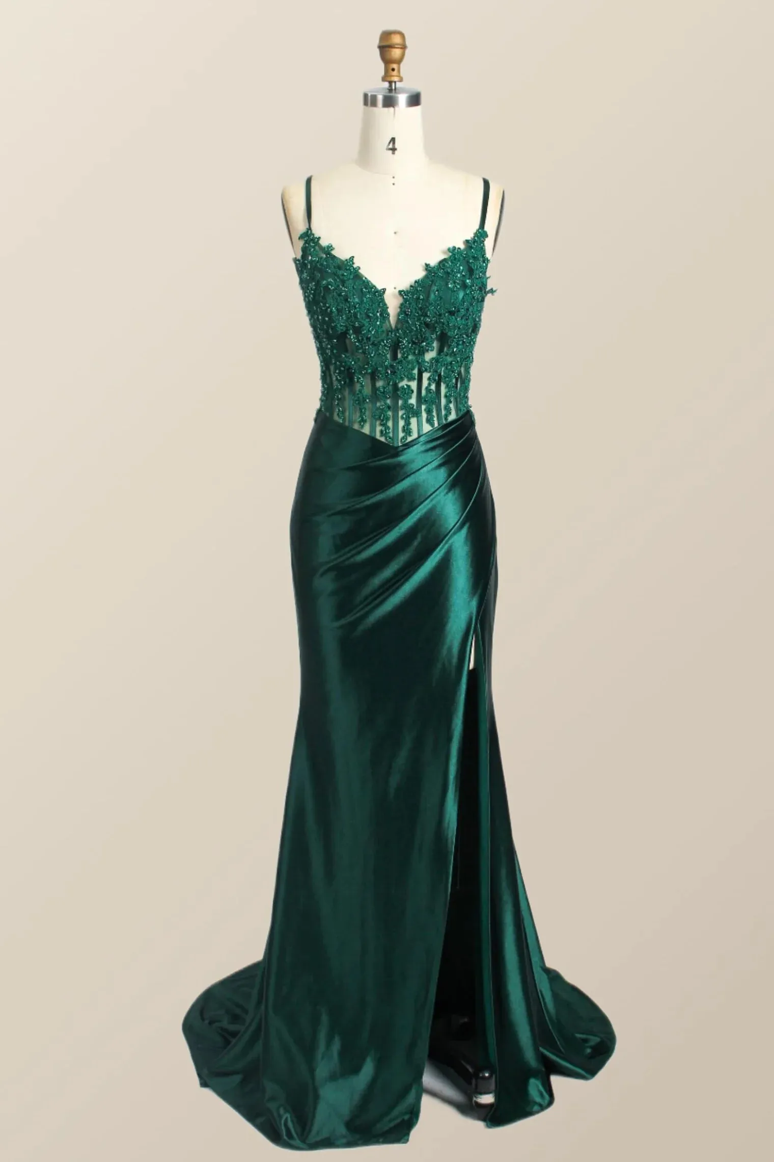 Long Green Evening Dresses Lace Straps Mermaid Ruched Formal Dress Appliques sold by My Chic Dress