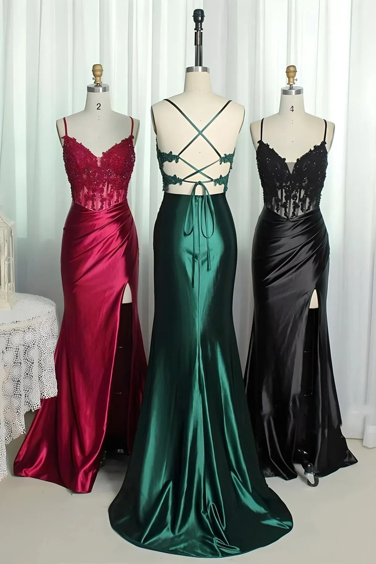 Long Green Evening Dresses Lace Straps Mermaid Ruched Formal Dress Appliques sold by My Chic Dress product image thumbnail 3