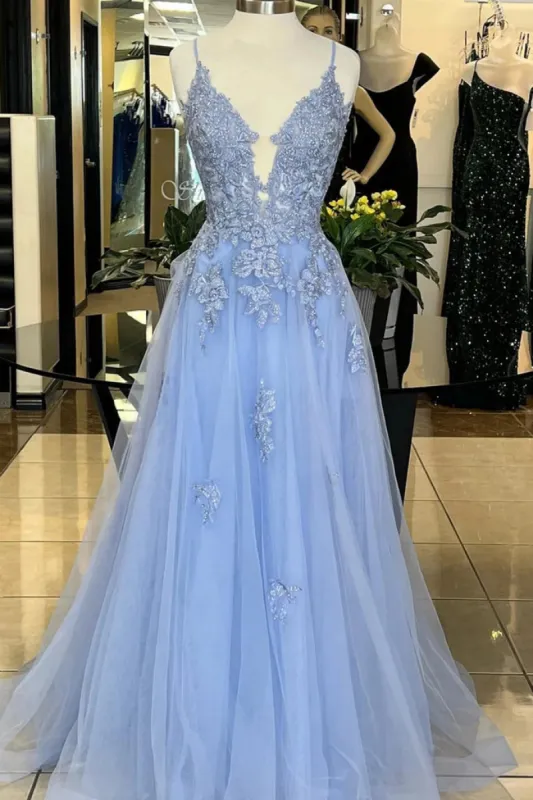 A Line Long Blue Lace Evening Dress V Neck with Beaded sold by My Chic Dress