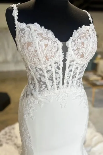Custom Made Mermaid Lace Wedding Dresses Basque Waist Open Back V Neck sold by My Chic Dress product image thumbnail 2