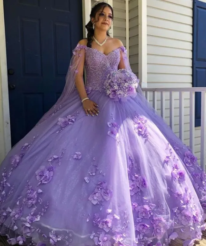 Flower Lace Sweet 16 Dress Ball Gown Vestido De 15 Anos Dress With Cape sold by My Chic Dress