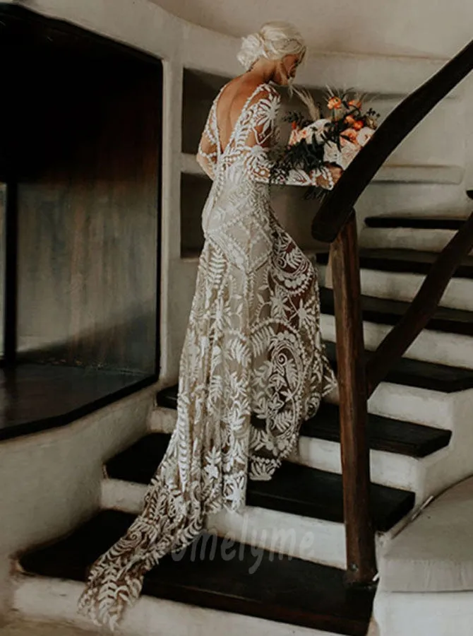 Modest Boho Wedding Dresses Champagne Lace With Long Sleeve V Back sold by My Chic Dress product image thumbnail 2