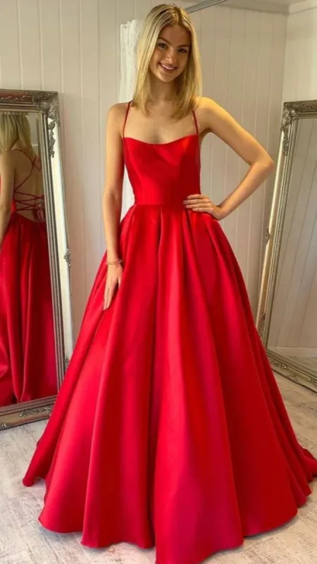 Modest Red Satin A Line Prom Dress Simple Backless Long Formal Dress sold by My Chic Dress