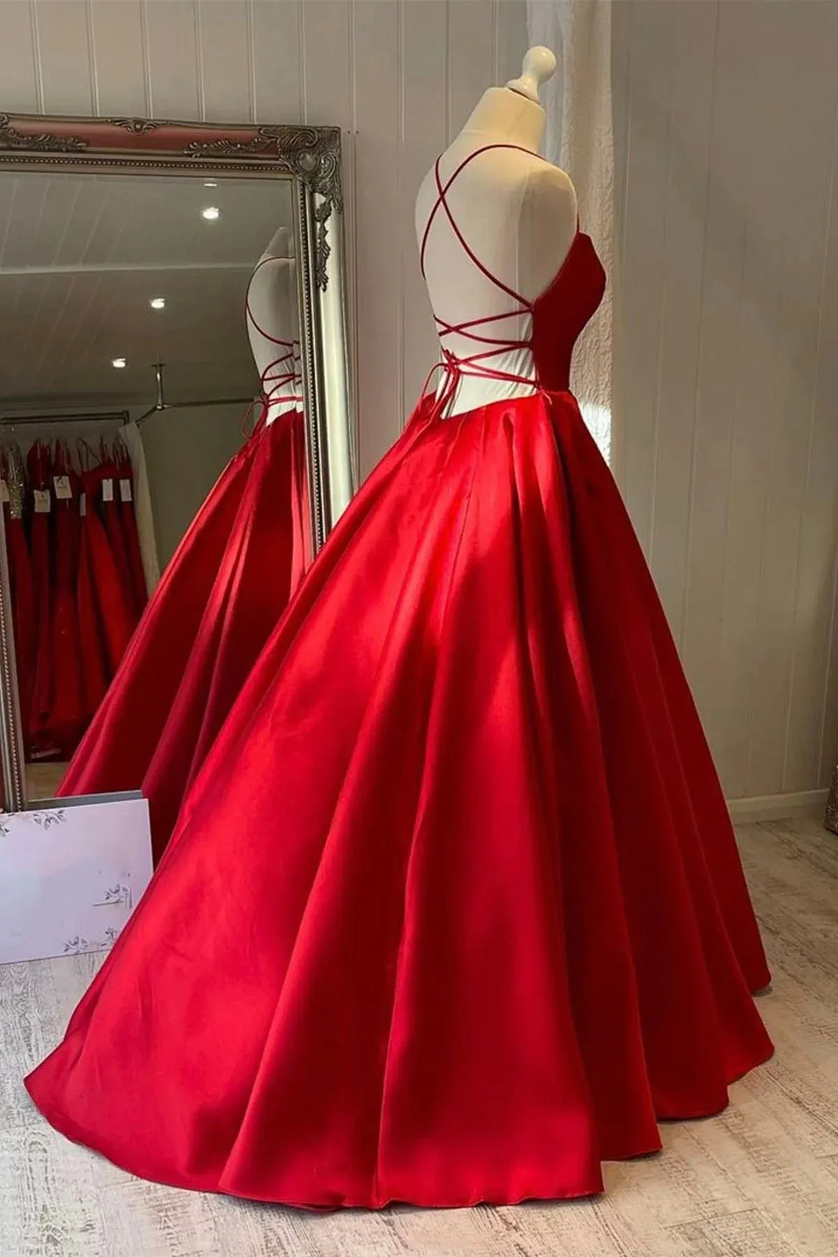 Modest Red Satin A Line Prom Dress Simple Backless Long Formal Dress sold by My Chic Dress product image thumbnail 3