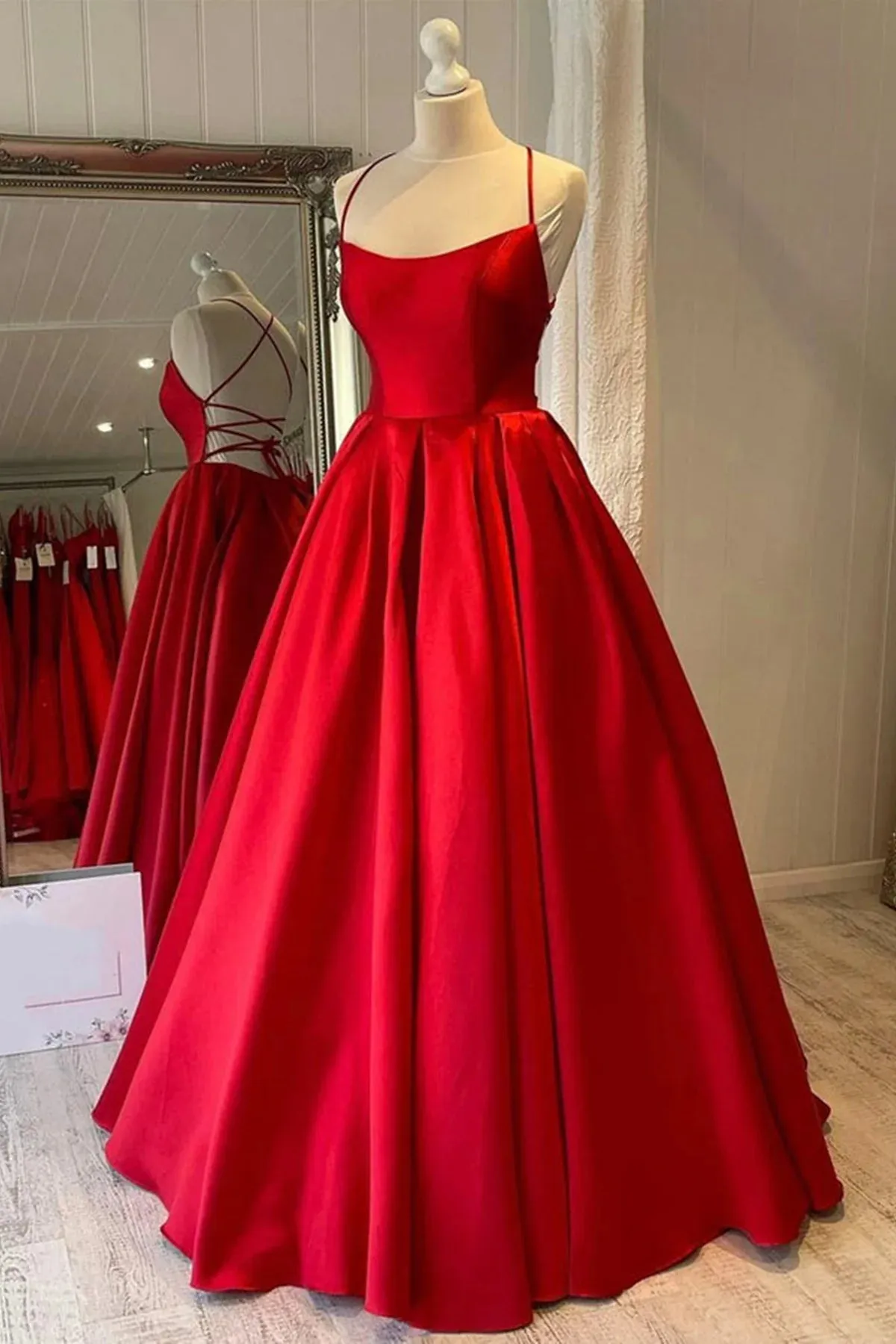Modest Red Satin A Line Prom Dress Simple Backless Long Formal Dress sold by My Chic Dress product image thumbnail 2