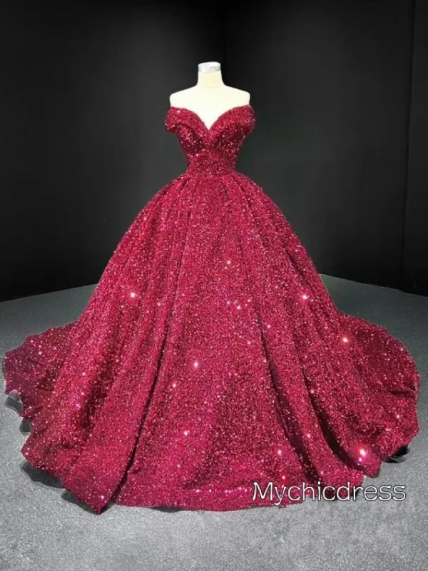 Dark Red Quinceanera Dresses Sequin Off the Shoulder Glitter Wedding Gown sold by My Chic Dress