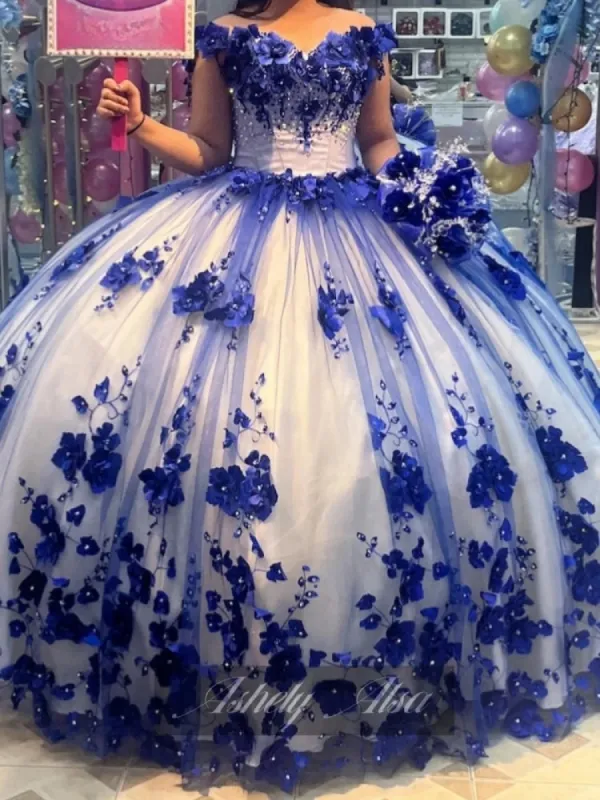 Princess Royal Blue Vestidos De 15 Quinceanera Dresses 3D Floral Crystals sold by My Chic Dress