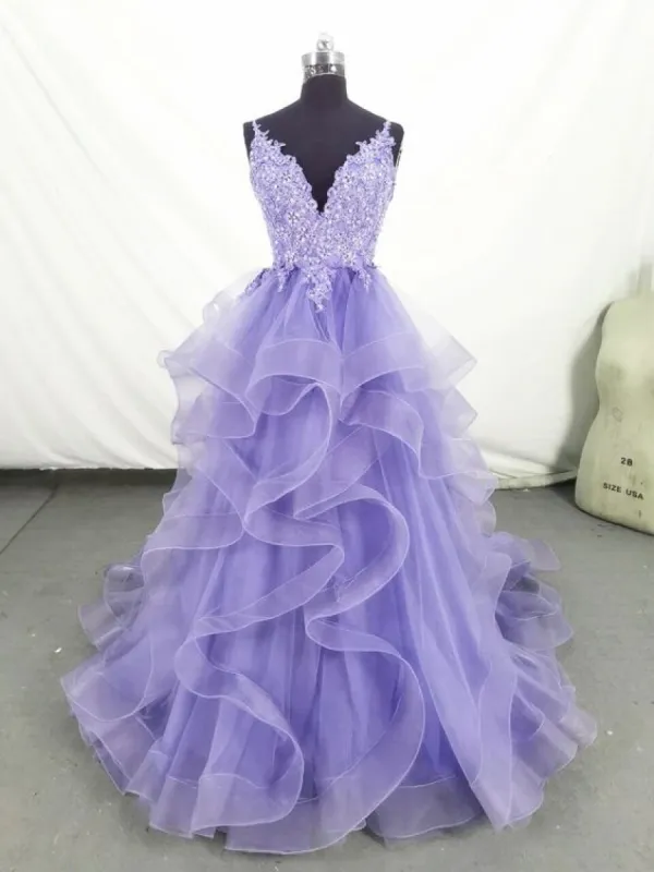 Lilac Purple prom Dresses Tiered Staps Evening Gowns Lace sold by My Chic Dress