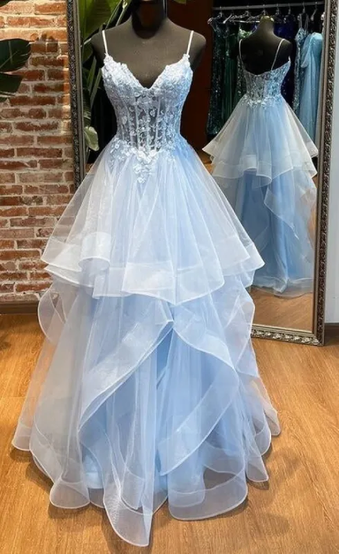 Long Straps Tiered Blue Prom Dresses Lace Tulle sold by My Chic Dress