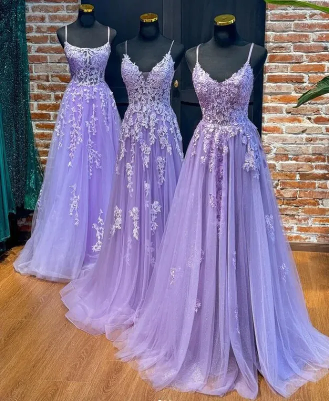 2025 Straps Violet Purple Prom Dresses Lace Tulle Long A-line Dress sold by My Chic Dress