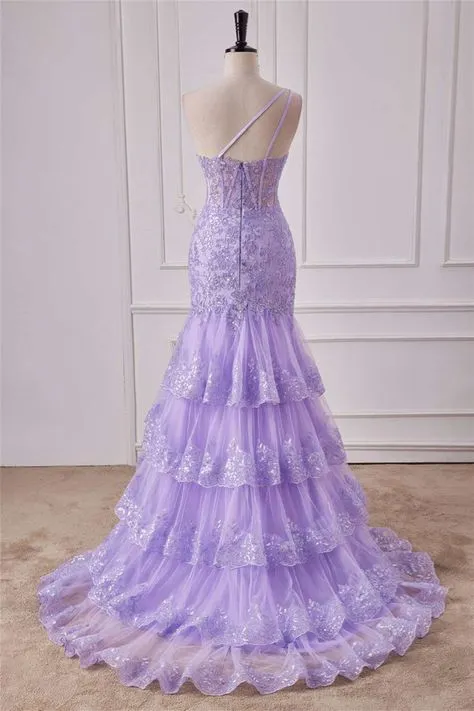 One Shoulder Sequin Violet Purple Prom Dress Tiered Ruffle Mermaid Appliqeus sold by My Chic Dress product image thumbnail 4