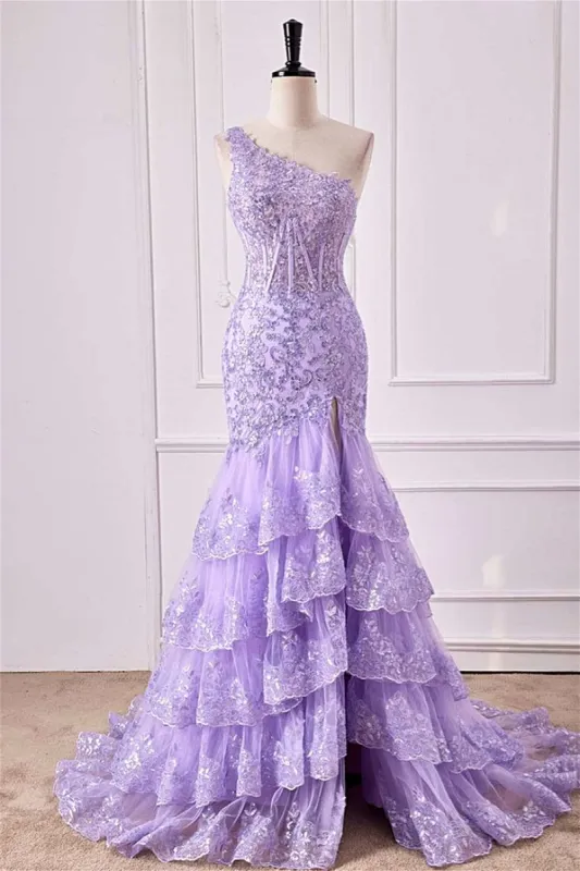 One Shoulder Sequin Violet Purple Prom Dress Tiered Ruffle Mermaid Appliqeus sold by My Chic Dress