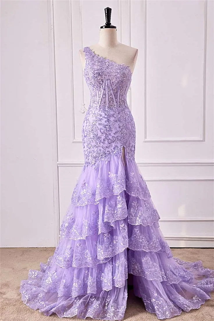 One Shoulder Sequin Violet Purple Prom Dress Tiered Ruffle Mermaid Appliqeus sold by My Chic Dress