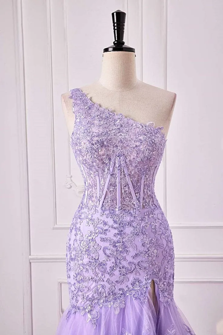 One Shoulder Sequin Violet Purple Prom Dress Tiered Ruffle Mermaid Appliqeus sold by My Chic Dress product image thumbnail 2