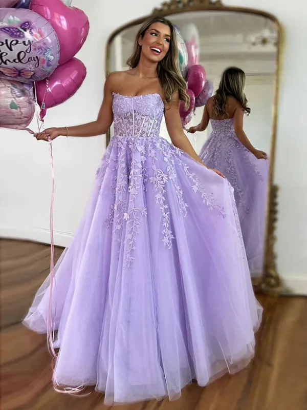 Ball Gown Strapless Purple Violet Prom Dress Lace Long Formal Gown sold by My Chic Dress