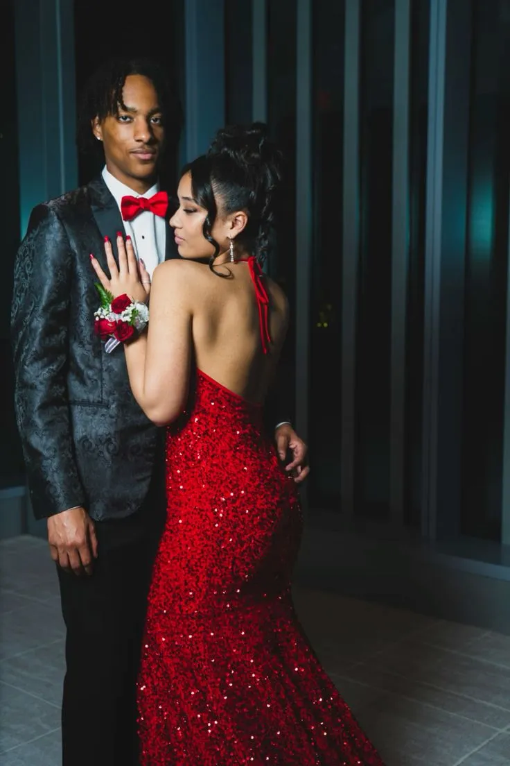 Deep V Neck 2025 Red Iridescent Sequin Prom Dress Open Back Mermaid sold by My Chic Dress product image thumbnail 2