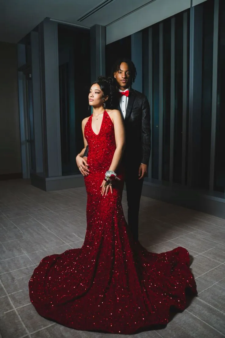 Deep V Neck 2025 Red Iridescent Sequin Prom Dress Open Back Mermaid sold by My Chic Dress product image thumbnail 4