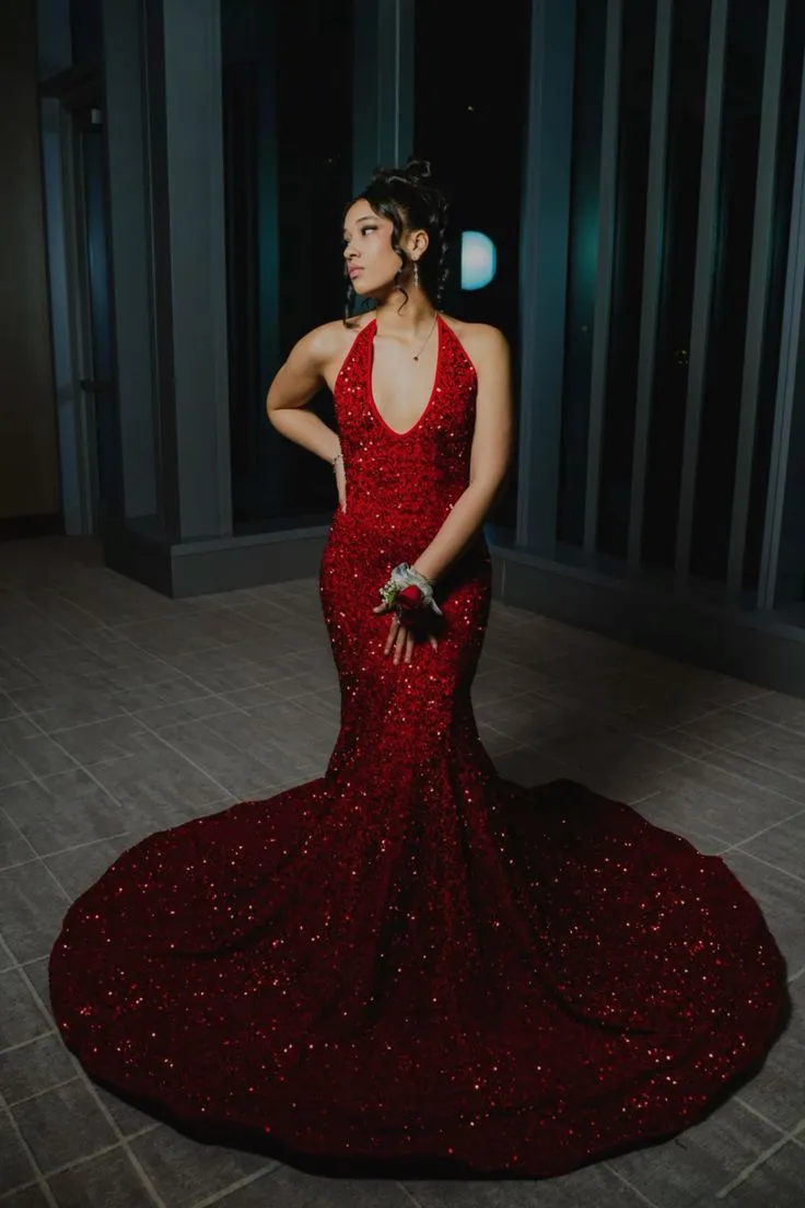 Deep V Neck 2025 Red Iridescent Sequin Prom Dress Open Back Mermaid sold by My Chic Dress
