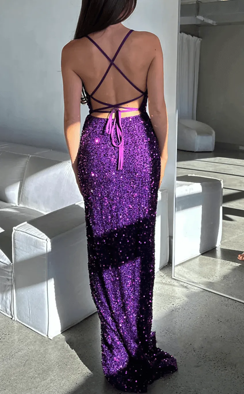 Simple Purple Iridescent Sequin Prom Formal Dresses Mermaid Straps Split sold by My Chic Dress product image thumbnail 2