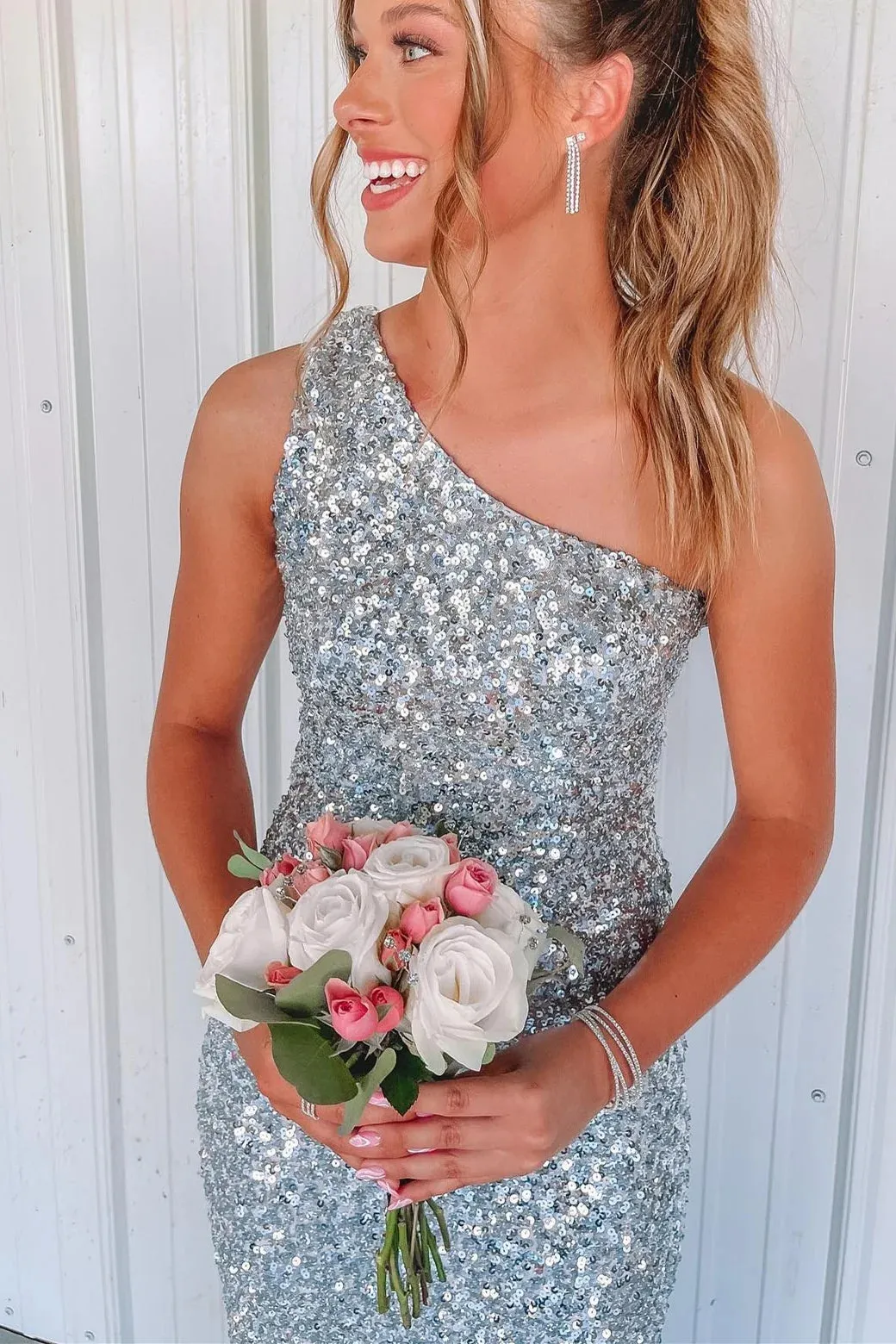 One Shoulder Silver Sequin Prom Dresses Mermaid Formal Gown sold by My Chic Dress product image thumbnail 3