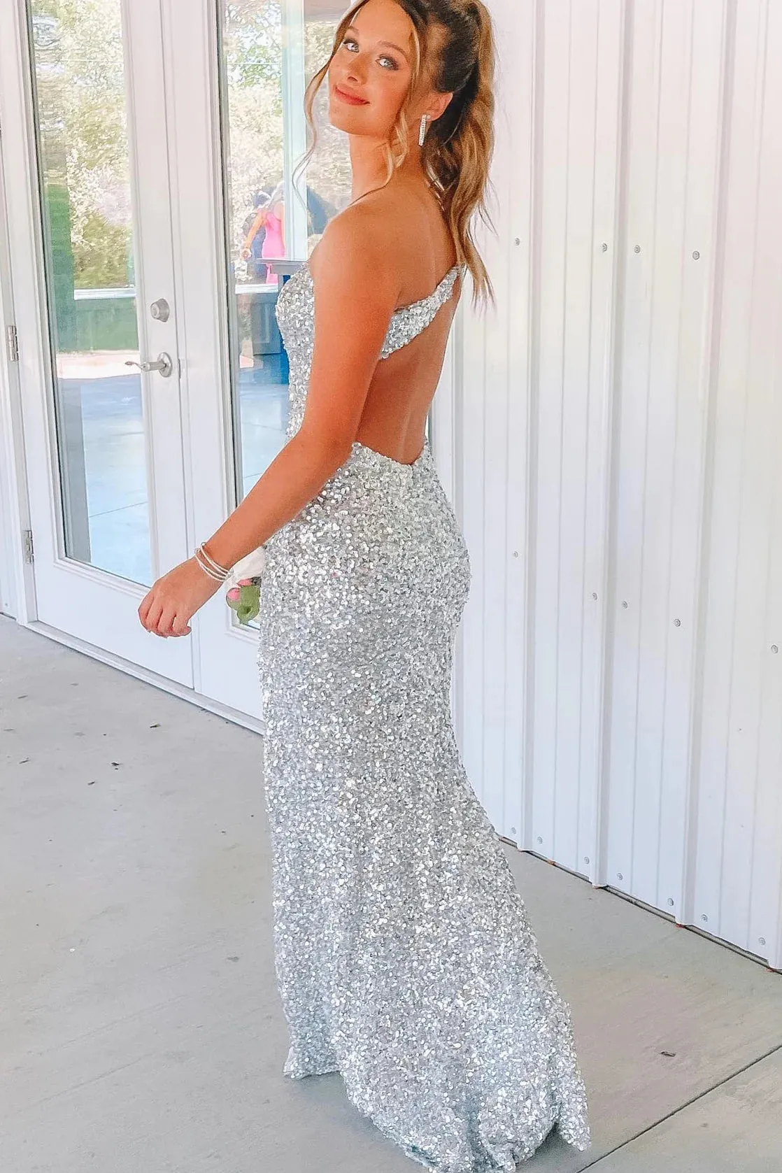 One Shoulder Silver Sequin Prom Dresses Mermaid Formal Gown sold by My Chic Dress product image thumbnail 4
