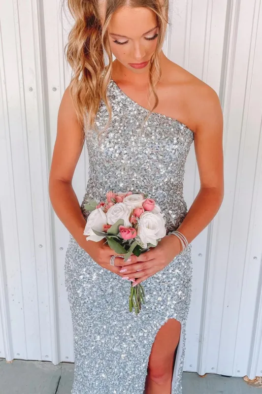 One Shoulder Silver Sequin Prom Dresses Mermaid Formal Gown sold by My Chic Dress