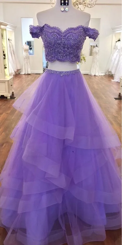 Sexy Violet Purple Prom Dresses two Piece A Line Off the shoulder sold by My Chic Dress