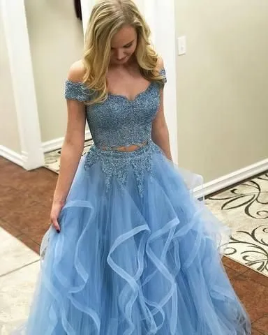 Ruffles Two Pieces Blue Lace Prom Dress Off Shoulder sold by My Chic Dress product image thumbnail 4