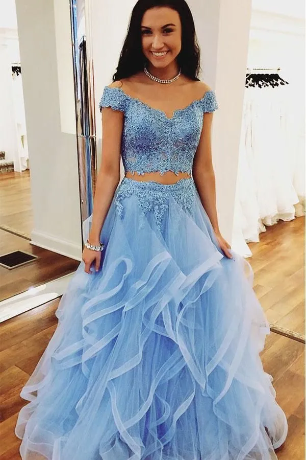Ruffles Two Pieces Blue Lace Prom Dress Off Shoulder sold by My Chic Dress